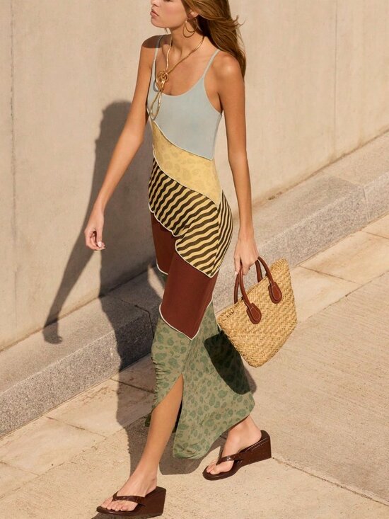 MODA ME COUTURE Dresses & Skirts - Multicolor Colorblock Women's Graphic Long Backless Spaghetti Sleeve Midi Dress